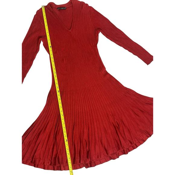Peruvian Connection Pima Cotton Red Ribbed Long SLV Knit Fit Flare Midi Dress Lg - Picture 4 of 10